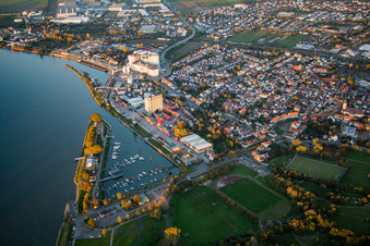 Aerial view of City center in the downtown area on the banks of river course of the Rhine river in Gernsheim in the state Hesse, Germany