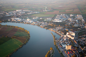Aerial photograpy of City center in the downtown area on the banks of river course of the Rhine river in Gernsheim in the state Hesse, Germany