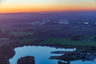 Nuclear power plant behind quarry lake in Groß-Rohrheim in the state Hesse, Germany