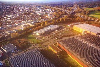 Aerial view of Alnatura distribution center on the A67 in Lorsch in the state Hesse, Germany