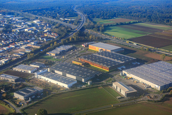 Aerial photograpy of Alnatura distribution center on the A67 in Lorsch in the state Hesse, Germany