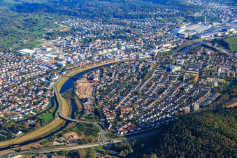 View of the town from both sides of the Murg river from the southwest in front of the Daimler Truck AG factory premises in Gaggenau in the state Baden-Wuerttemberg, Germany