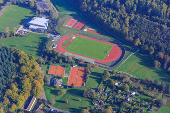 Aerial view of Traischbach Stadium of VfB Gaggenau and tennis courts of the Turnerbund Gaggenau eV clubhouse in Gaggenau in the state Baden-Wuerttemberg, Germany