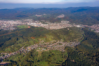 Aerial view of Village - view on the edge of agricultural fields and farmland in Selbach in the state Baden-Wurttemberg, Germany