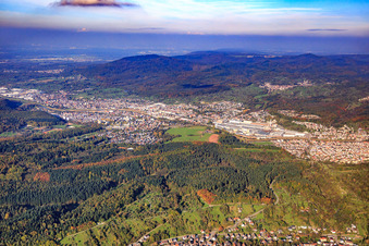 City overview in the Murg Valley from the west with the Daimler Truck AG factory premises in Gaggenau in the state Baden-Wuerttemberg, Germany