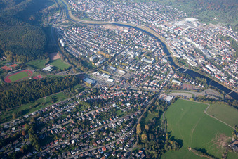 City view on the river bank of Murg in Gaggenau in the state Baden-Wurttemberg, Germany