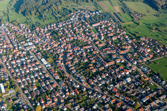 Aerial view of Town View of the streets and houses of the residential areas in Schoellbronn in the state Baden-Wurttemberg, Germany