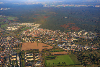 City view at the edge of the forest from the south in the district Neureut in Karlsruhe in the state Baden-Wuerttemberg, Germany