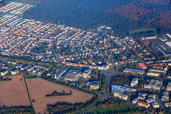 Aerial view of City view at the edge of the forest from the south in the district Neureut in Karlsruhe in the state Baden-Wuerttemberg, Germany