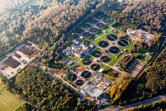 Aerial view of Sewage treatment plant Karlsruhe in the district Knielingen in Karlsruhe in the state Baden-Wuerttemberg, Germany