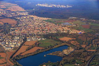 City view between Hardtwald and Altrhein from the south in the district Eggenstein in Eggenstein-Leopoldshafen in the state Baden-Wuerttemberg, Germany