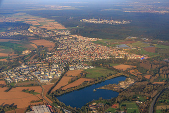 Aerial view of City view between Hardtwald and Altrhein from the south in the district Eggenstein in Eggenstein-Leopoldshafen in the state Baden-Wuerttemberg, Germany