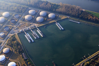 Oil tanker in the MIRO oil port on the Rhine in the district Knielingen in Karlsruhe in the state Baden-Wuerttemberg, Germany