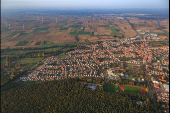 Aerial view of Sports fields and light oaks at the edge of the forest in Rülzheim in the state Rhineland-Palatinate, Germany