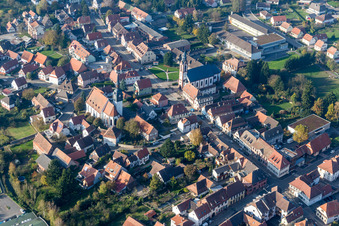 Aerial view of Town View of the streets and houses of the residential areas in Soultz-sous-Forets in Grand Est, France
