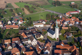 Aerial view of Church building Eglise protestante de Rittershoffen in Rittershoffen in Grand Est, France