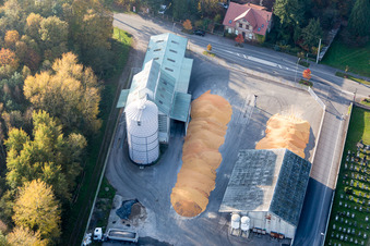 Corn mountains in the courtyard of the high silo and grain storage with adjacent warehouses of the Comptoir agricole - NIEDERROEDERN in Niederrœdern in the state Bas-Rhin, France
