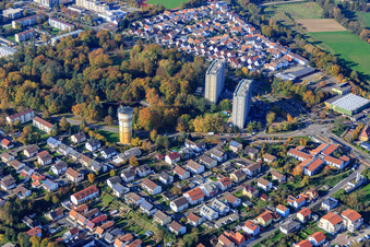 Water tower and two residential high-rise buildings in Dorschbergstr in Wörth am Rhein in the state Rhineland-Palatinate, Germany
