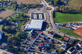 Aerial view of SV Hagenbach football match on the hard court at REWE in Hagenbach in the state Rhineland-Palatinate, Germany
