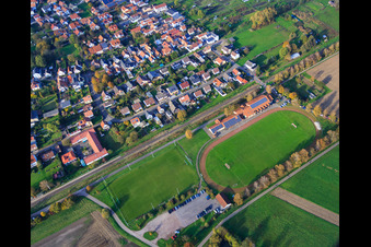 Aerial view of Sports fields of Sportfreunde Steinfeld and Wiesentalhalle in Steinfeld in the state Rhineland-Palatinate, Germany