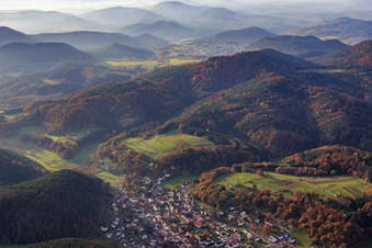 Village view in the autumnal Palatinate Forest from the east in Vorderweidenthal in the state Rhineland-Palatinate, Germany