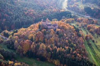 Aerial photograpy of Erlenbach, Berwartstein Castle in Erlenbach bei Dahn in the state Rhineland-Palatinate, Germany