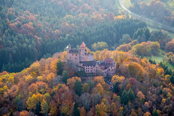 Erlenbach, Berwartstein Castle in Erlenbach bei Dahn in the state Rhineland-Palatinate, Germany from above