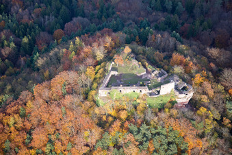 Aerial view of Ruins and vestiges of the former castle and fortress Lindelbrunn in Vorderweidenthal in the state Rhineland-Palatinate