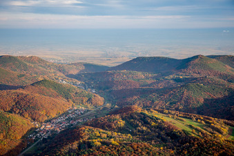 Forest and mountain scenery of the Pfaelzerwald in fall in Waldrohrbach in the state Rhineland-Palatinate, Germany