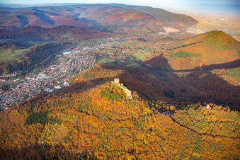 Aerial photograpy of Trifels Castle in the district Bindersbach in Annweiler am Trifels in the state Rhineland-Palatinate, Germany