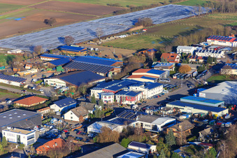 Aerial view of Am Gäxwald industrial estate from the west in Herxheim bei Landau in the state Rhineland-Palatinate, Germany