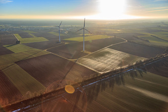 Oblique view of Minfeld wind farm in Minfeld in the state Rhineland-Palatinate, Germany