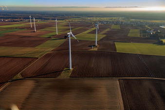 Minfeld wind farm in Minfeld in the state Rhineland-Palatinate, Germany seen from above