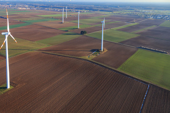 Bird's eye view of Minfeld wind farm in Minfeld in the state Rhineland-Palatinate, Germany
