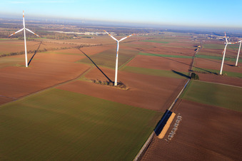 Minfeld wind farm in Minfeld in the state Rhineland-Palatinate, Germany viewn from the air