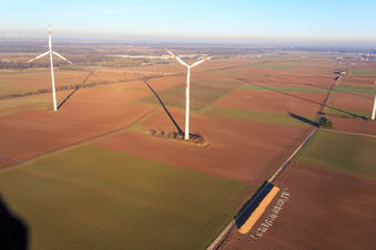 Drone recording of Minfeld wind farm in Minfeld in the state Rhineland-Palatinate, Germany