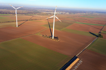 Drone image of Minfeld wind farm in Minfeld in the state Rhineland-Palatinate, Germany