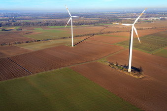 Minfeld wind farm in Minfeld in the state Rhineland-Palatinate, Germany from the drone perspective