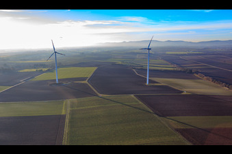Minfeld wind farm in Minfeld in the state Rhineland-Palatinate, Germany seen from a drone