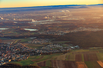 Oblique view of City overview in winter from the northwest in Rheinzabern in the state Rhineland-Palatinate, Germany