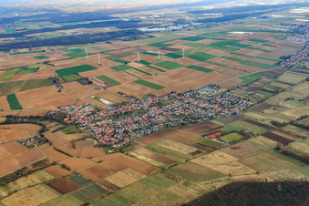Aerial view of Village overview in winter from the southwest in Minfeld in the state Rhineland-Palatinate, Germany