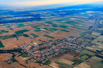 Aerial photograpy of Village overview in winter from the southwest in Minfeld in the state Rhineland-Palatinate, Germany