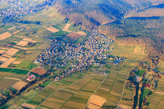 Village overview on the edge of the Palatinate Forest in winter from the northeast in Oberotterbach in the state Rhineland-Palatinate, Germany
