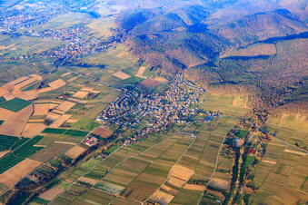 Aerial view of Village overview on the edge of the Palatinate Forest in winter from the northeast in Oberotterbach in the state Rhineland-Palatinate, Germany