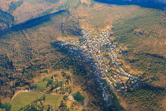 Village overview in the Palatinate Forest in winter from the east in Dörrenbach in the state Rhineland-Palatinate, Germany from above