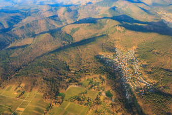 Village overview in the Palatinate Forest in winter from the east in Dörrenbach in the state Rhineland-Palatinate, Germany out of the air