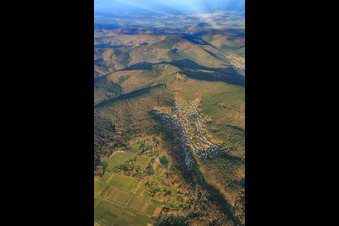 Village overview in the Palatinate Forest in winter from the east in Dörrenbach in the state Rhineland-Palatinate, Germany seen from above