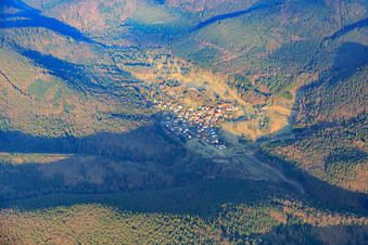 Aerial view of Village view in the Palatinate Forest in winter from the east in Böllenborn in the state Rhineland-Palatinate, Germany