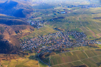 Village overview on the edge of the Palatinate Forest in winter from the south in Klingenmünster in the state Rhineland-Palatinate, Germany