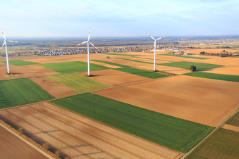 Minfeld wind farm in Minfeld in the state Rhineland-Palatinate, Germany seen from above